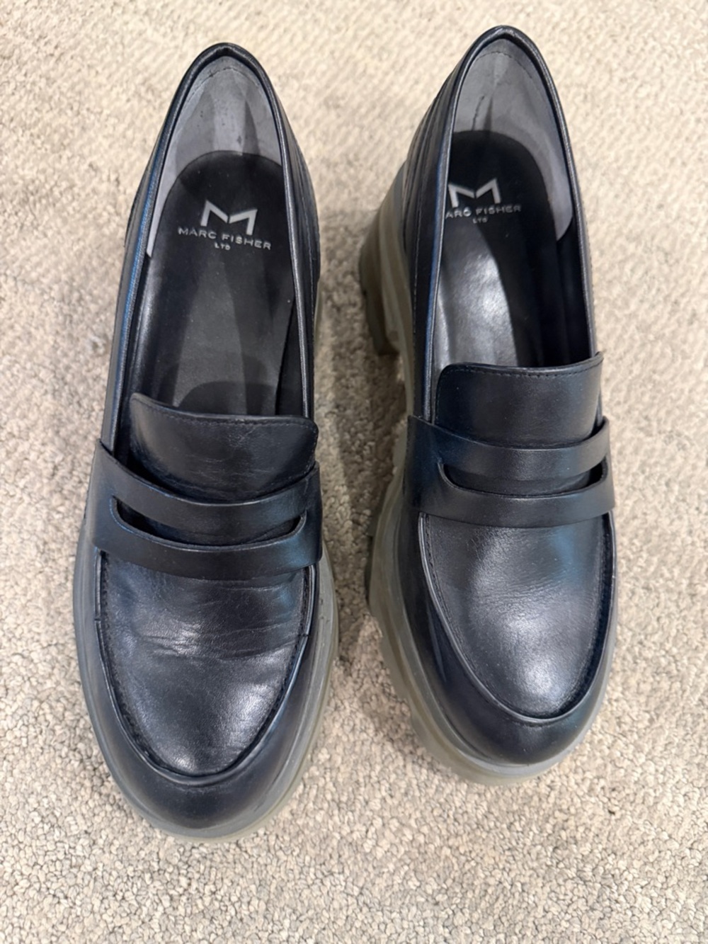 Marc Fisher Black Leather Lug-Sole Penny Loafers